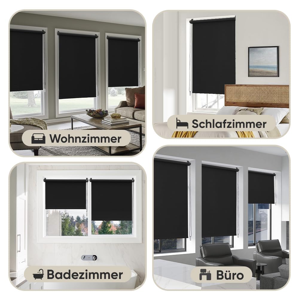 Sekey Verdunklungsrollo ohne Bohren Klemmfix 130 cm breit, Seitenzugrollo Hitzeschutz Sichtschutz und Sonnenschutz Wandmontage Deckenmontage Klemmrollo für Fenster & Tür, 130 x 150cm, Schwarz