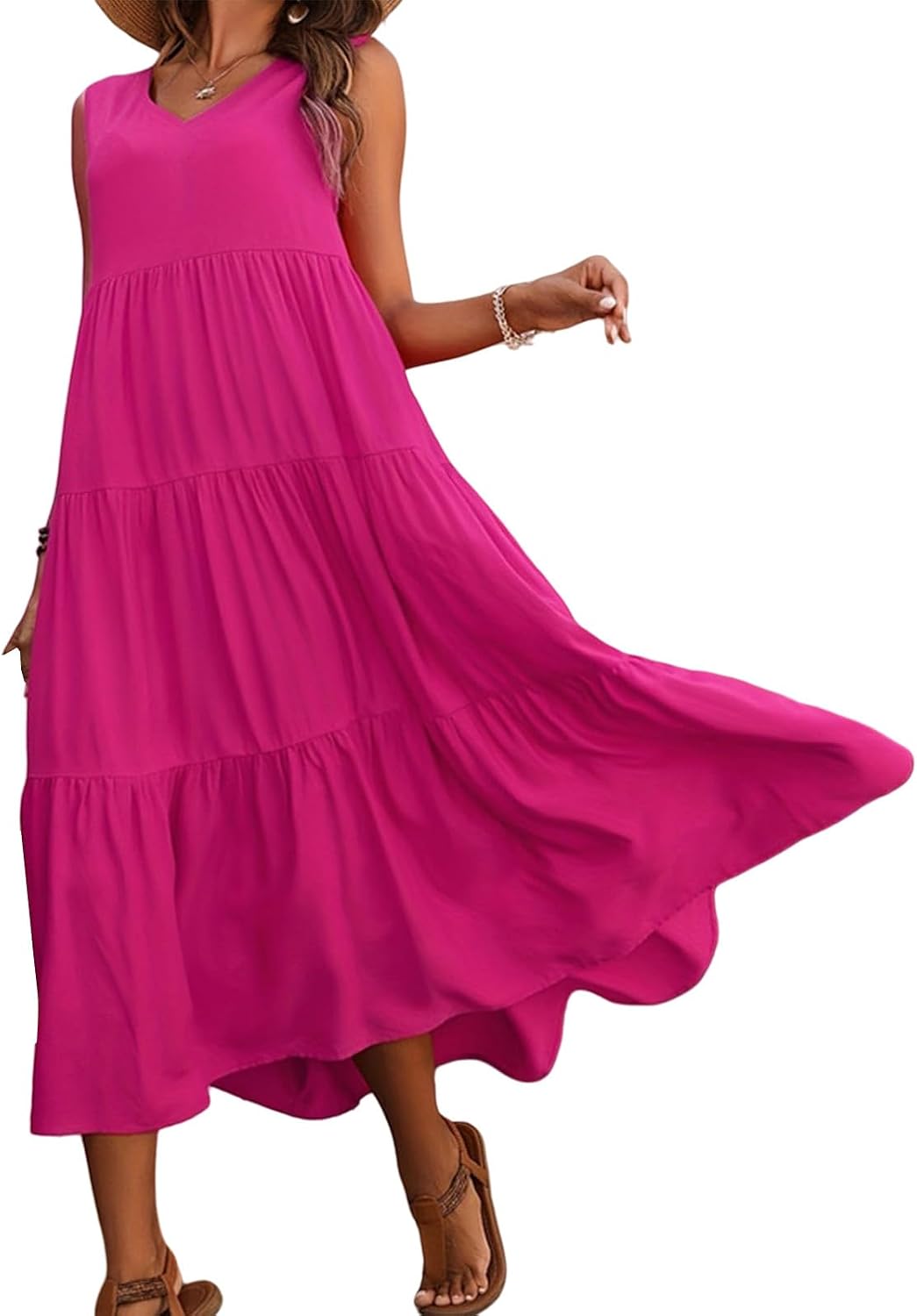 Women's Summer Sleeveless V Neck Mini Dress Flowy Tiered A Line Beach Dresses Boho Casual Tank Dress Crewneck Sundress
