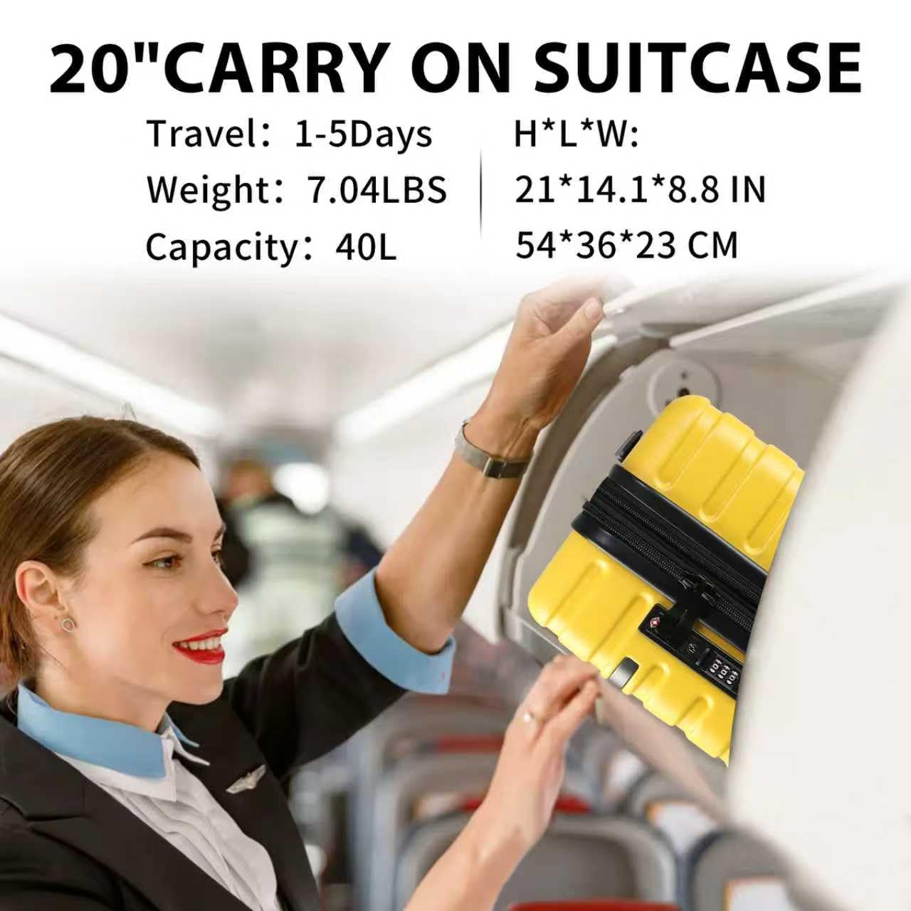 EMPSIGN Valigia Cabina 20" Rigida PC Espandibile, Bagaglio a Mano Leggero | giallo, lucchetto tsa, ruote 360° silenziose, apertura superiore, spazio extra 5 cm, resistente, per viaggio e lavoro