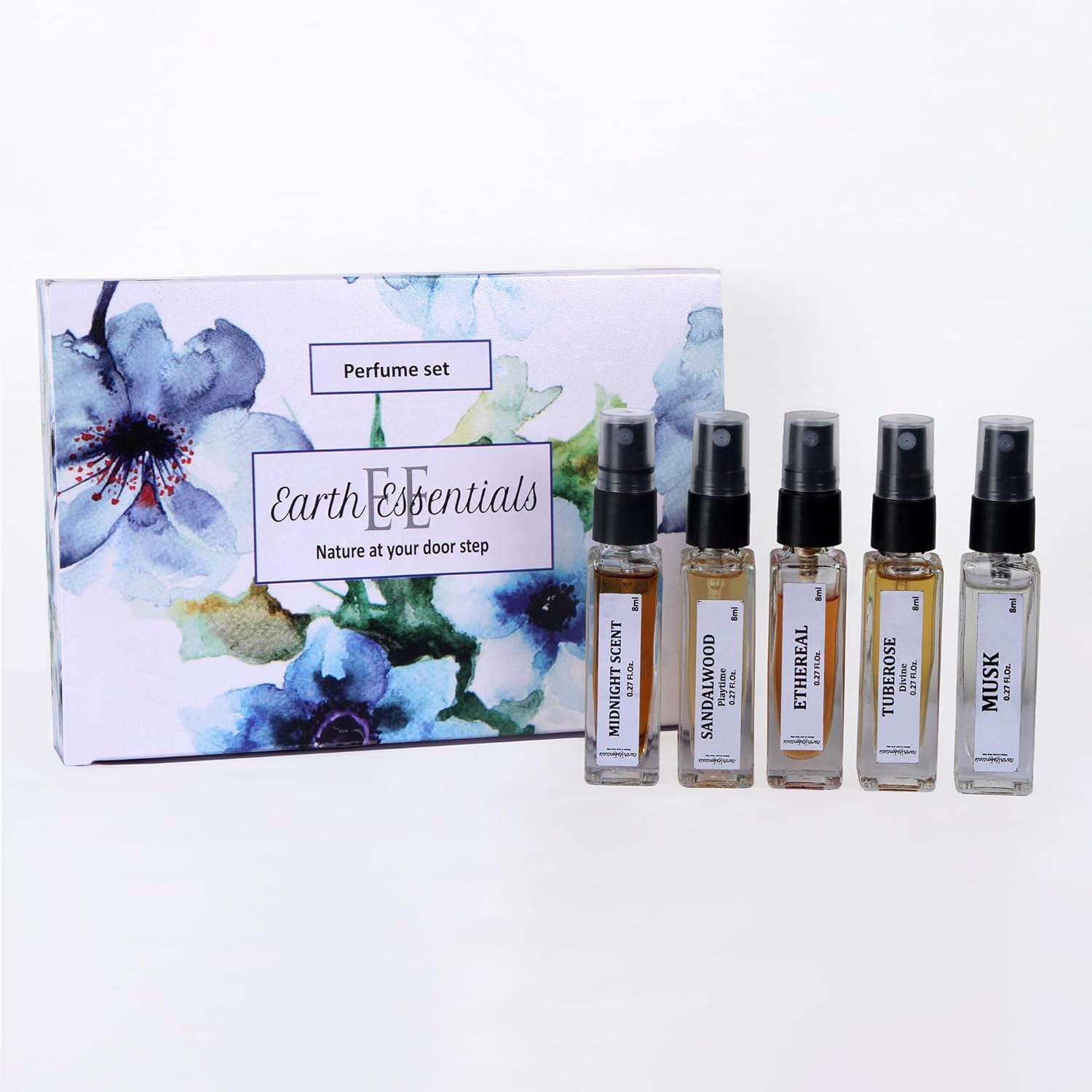 Earth Essentials Exquisite Perfume Gift Set for Men 5 Luxurious Long Lasting Fragrances Tuberose, Sandalwood Musk, Woody & Fruity Notes for Daily Wear Special Occasion - 50 ml Each, Pack of 5