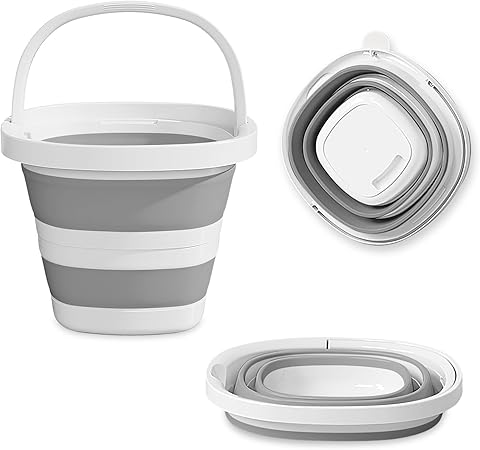 Cubo Plegable, 10 litros Gran Capacidad Cubo plastico con asa, Robusto y Duradero, Ahorra Espacio, Fácil de Transportar, Adecuado para Limpieza, Camping, Pesca, Viajes (Blanco Gris)