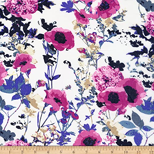 Texco Washed Chiffon Botanical Floral Print Off White Blue, Fabric by the Yard