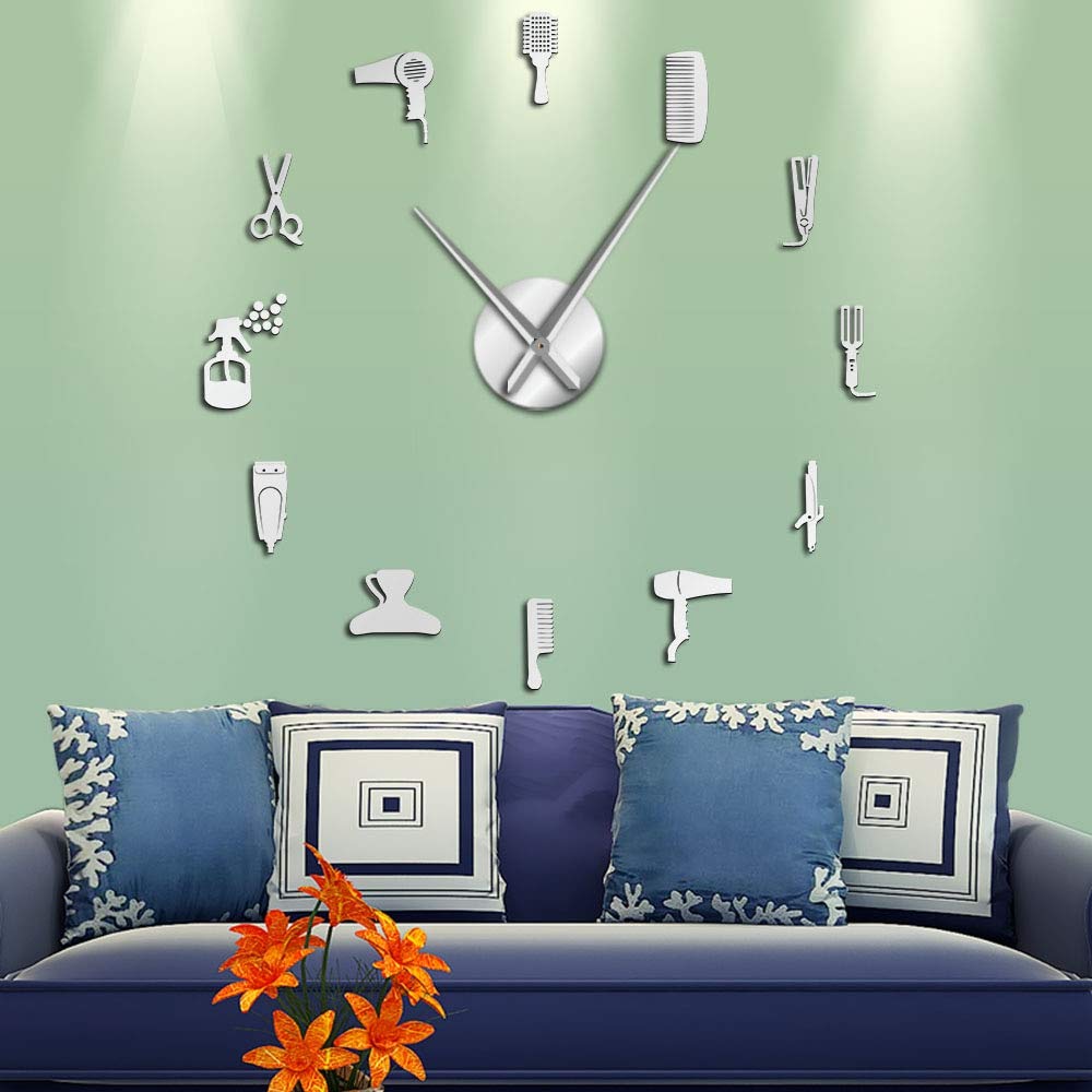 Vcs Silver Diy Barber Shop Giant Wall Clock With Mirror Effect Barber Toolkits Decorative Frameless Clock Watch Hairdresser Barber Wall Art(,47Inch)