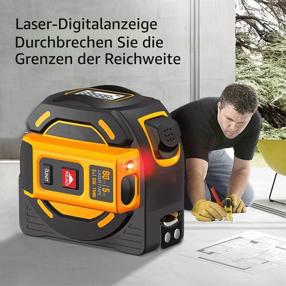 Laser Messgerät Massband, Digitales Laserdistanzmessgerät mit LCD -Display, Lasermessung 196 ft, Maßband 16 ft