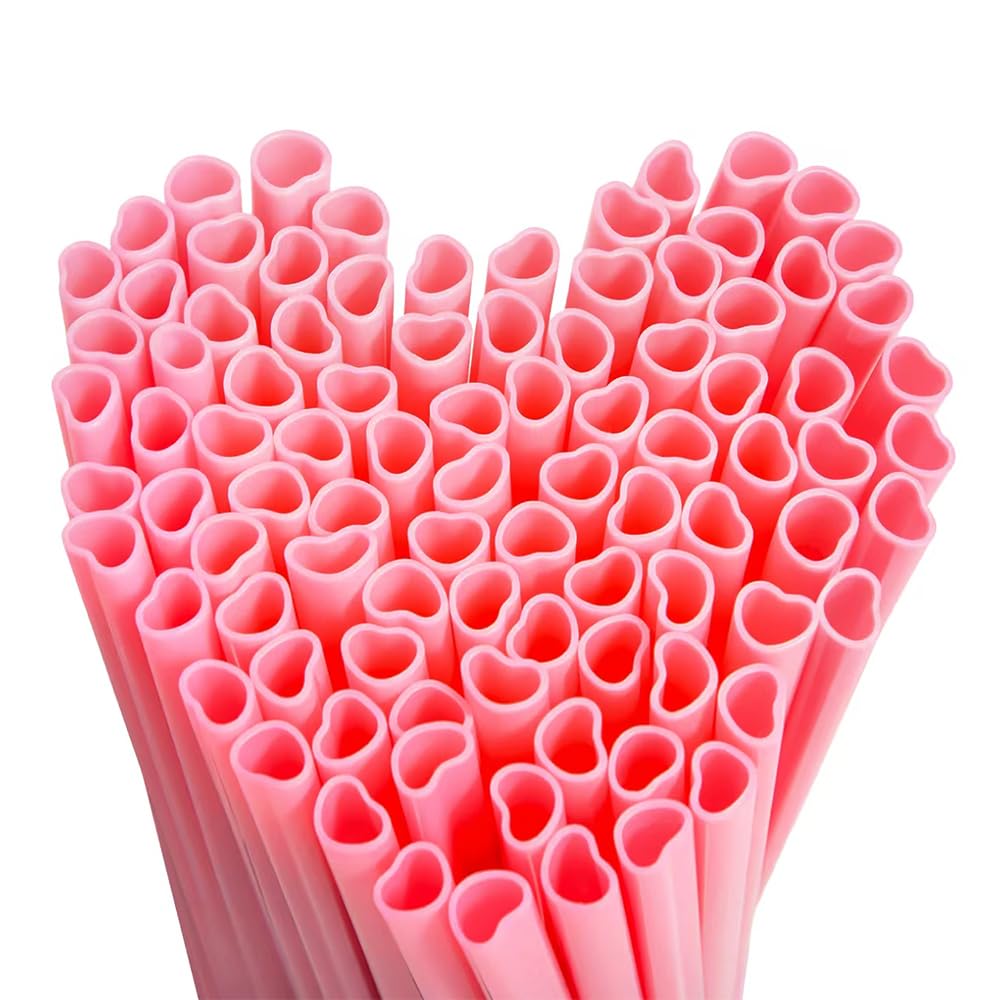 Heart Straws Pink Heart Shaped 100Pcs Cute Plastic Party Individually Wrapped Valentines Wedding Thick Straws