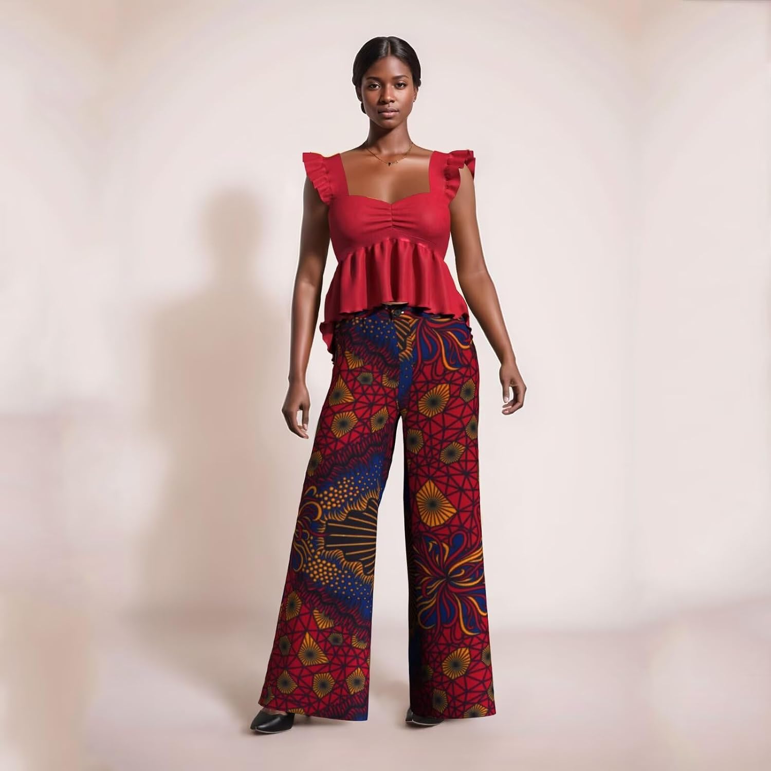 iooiooi Women's Fashion Casual Plus Size African Print Cotton Wide Leg Pants with Pockets