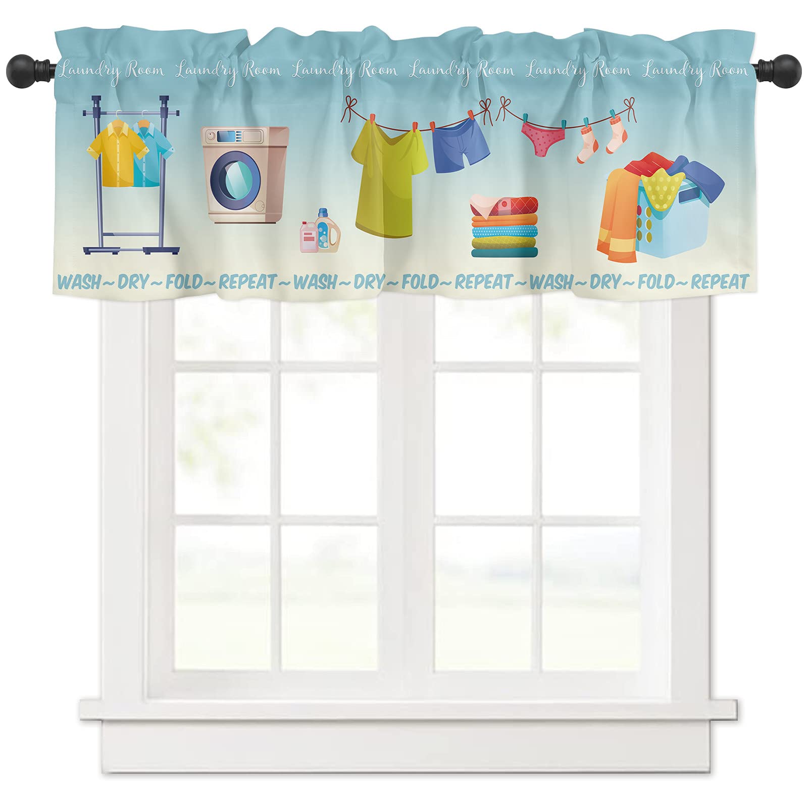 Simple Drawn Laundry Room Curtain Valances for Windows Treatment Decor, Wash Cloths Dry Fold Blue Ombre Short Curtain Rod Pocket Valance for Kitchen, Living Room, Cafe, 54" W x 18" L, 1 Panel