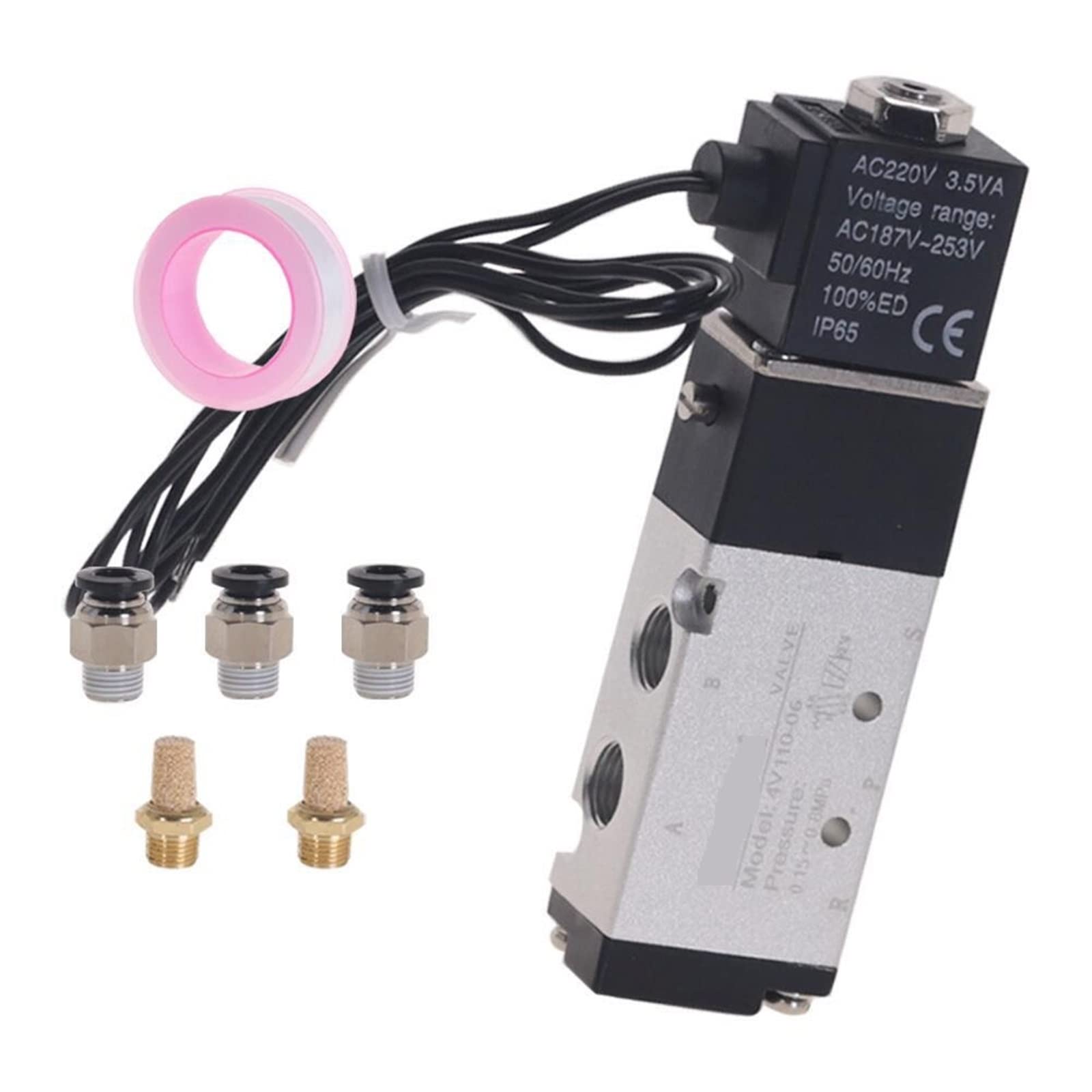 Zawór pneumatyczny Solenoid 4V110-06 5-drożny port 2-pozycyjny sprężarka powietrza 12 V, 24 V, 110 V, 220 V, 1 szt. (gwint 6 mm, AC220V)