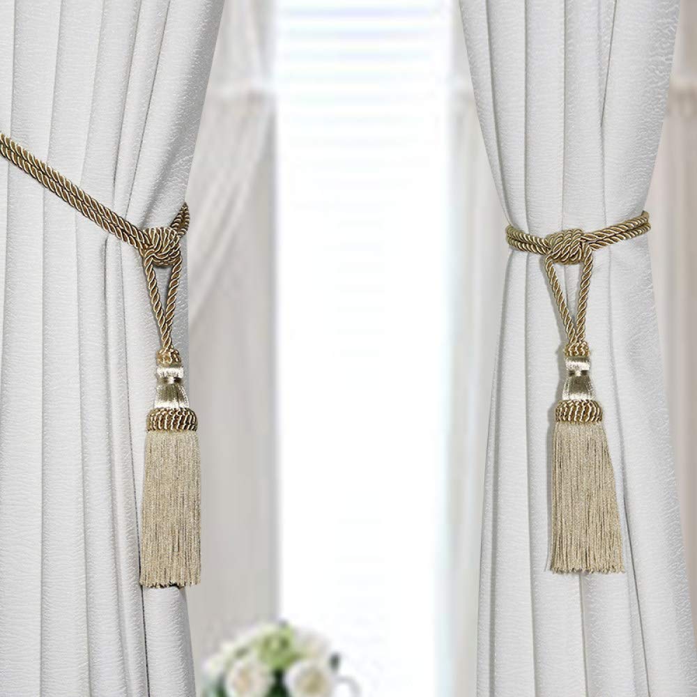 Embrasses de Rideaux à Pampilles, Attaches de Rideaux en Corde, Accessoires décoratifs pour Rideaux, Blanc, 4 pièces,Gold-4pcs