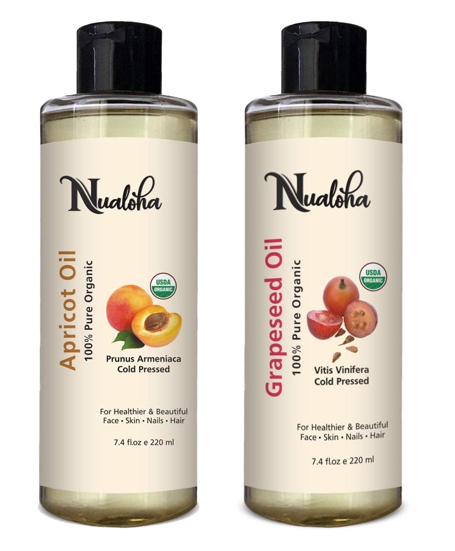 Nualoha Apricot Kernel and Grapeseed Carrier Oil Combo Pack,Pure Natural Cold Pressed Unrefined Hexane Free Moisturizer For Face, Hair Growth, Skin, Nails and Body Care, 220 ML Each