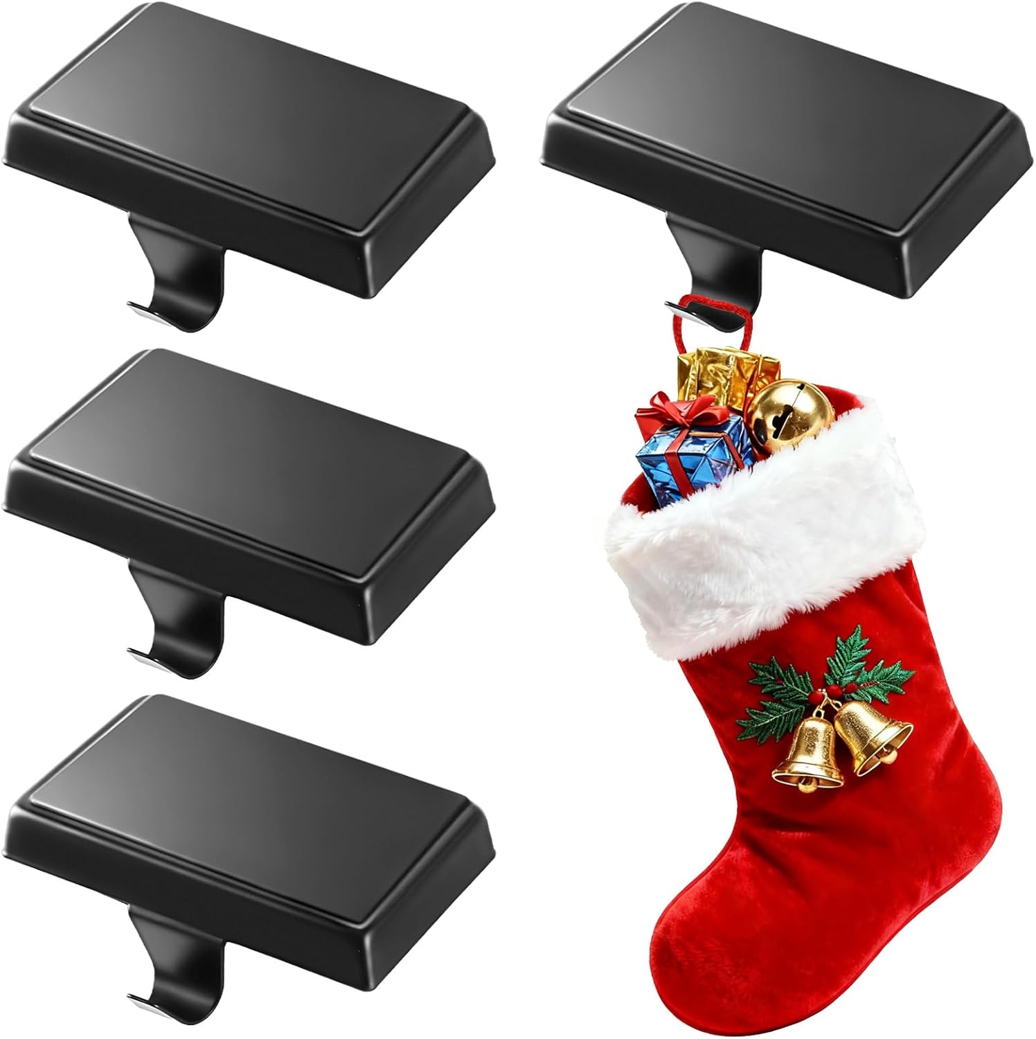 cyrico christmas stocking holders for mantle, set of 4, heavy duty metal stocking hangers for mantel, low profile black weighted xmas hooks base for counter window fireplace christmas party decoration