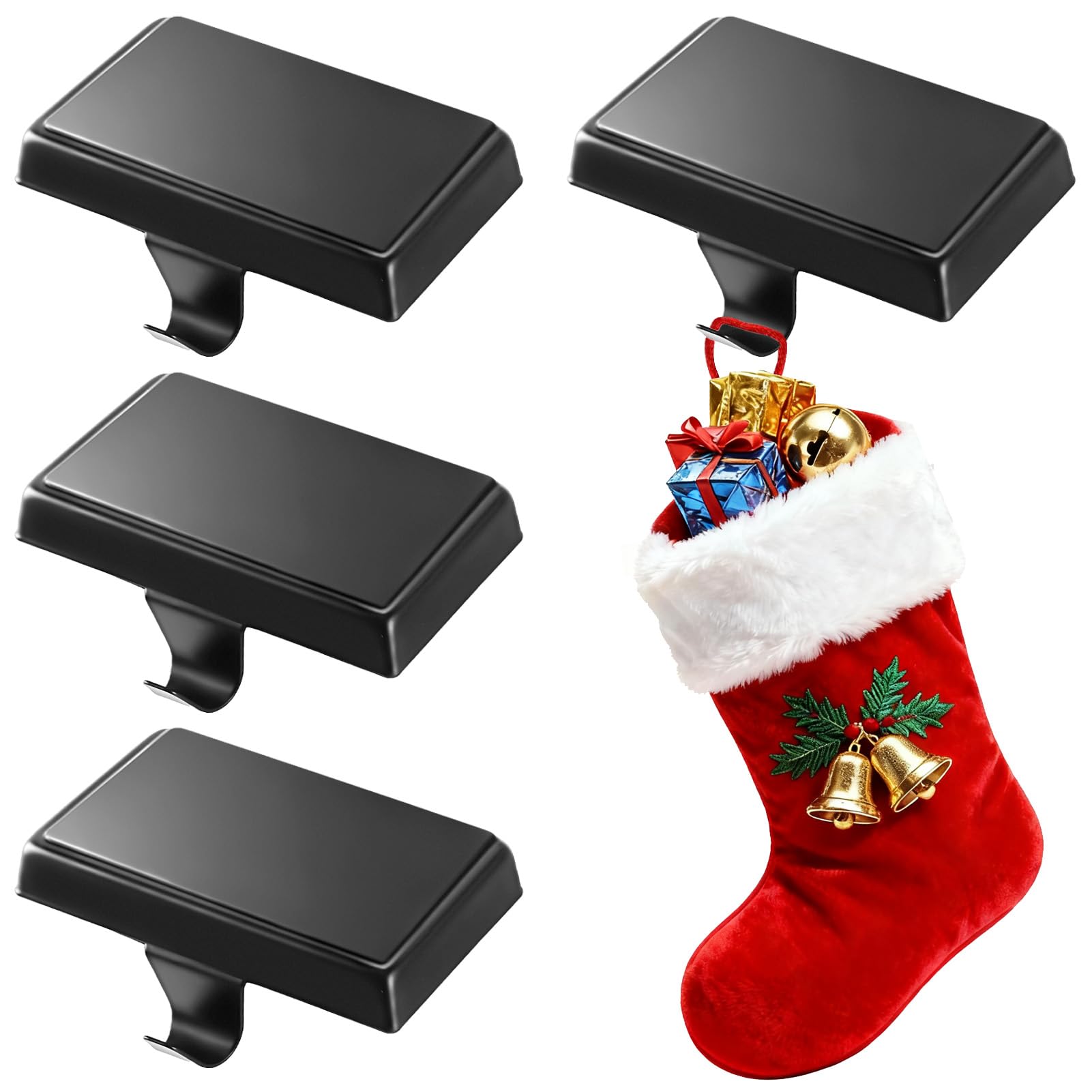 cyrico Christmas Stocking Holders for Mantle, Set of 4, Heavy Duty Metal Stocking Hangers for Mantel, Low Profile Black Weighted Xmas Hooks Base for Counter Window Fireplace Christmas Party Decoration