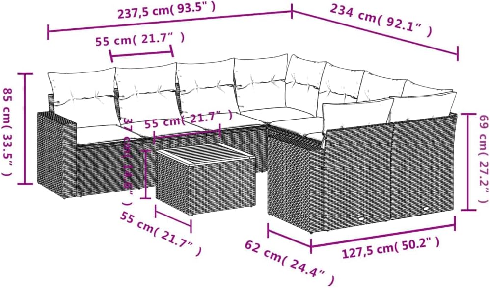9 Piece Patio Sofa Set with Cushions Gray Poly Rattan Poolside Furniture Set Garden Seating Ensemble for Garden Backyard