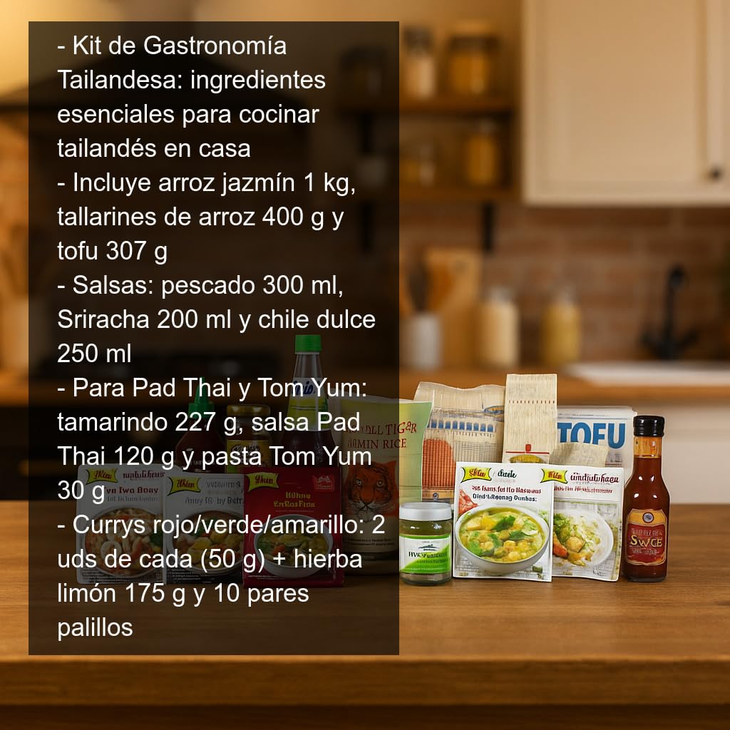 Kit Gastronomía Tailandesa Completo para Cocinar en Casa Pad Thai Tom Yum y Currys con Arroz Jazmín, Tallarines de Arroz, Pastas de Curry, Tamarindo, Salsas y Palillos