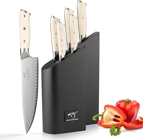 NANFANG BROTHERS Juego de cuchillos de cocina de Damasco de 6 piezas con bloque de cuchillos en forma de U, mango ergonómico ABS para juego de