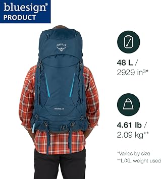 Osprey Kestrel 48L Men's Backpacking Backpack, Blue S-M | hiking pack, camping gear, overnight trail pack, Blue color, S-M size
