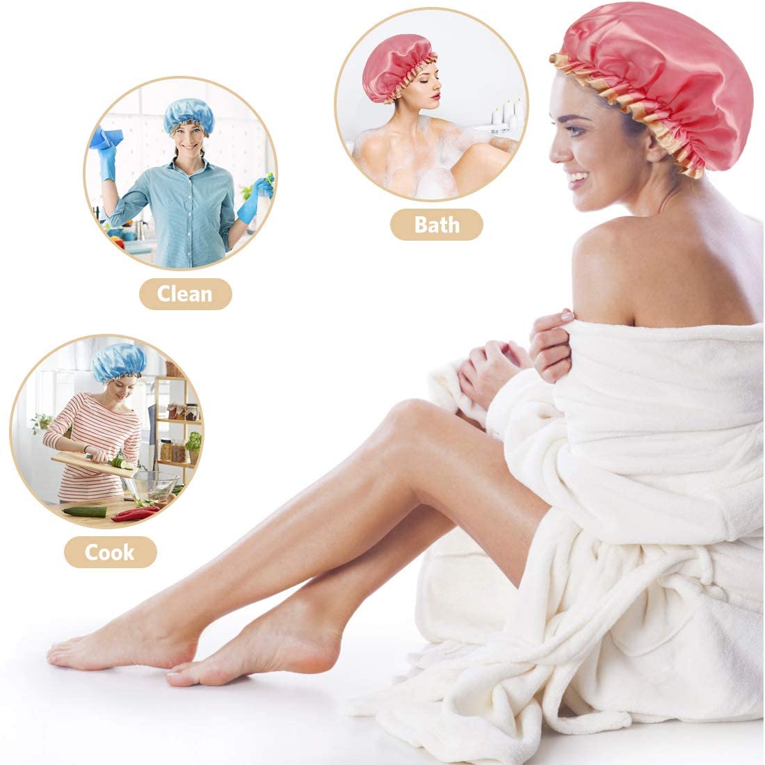 LDG WARE Women Waterproof Shower Cap, Free Size | Double Layer (Golden Border Shower Cap, Quantity - 3) 1