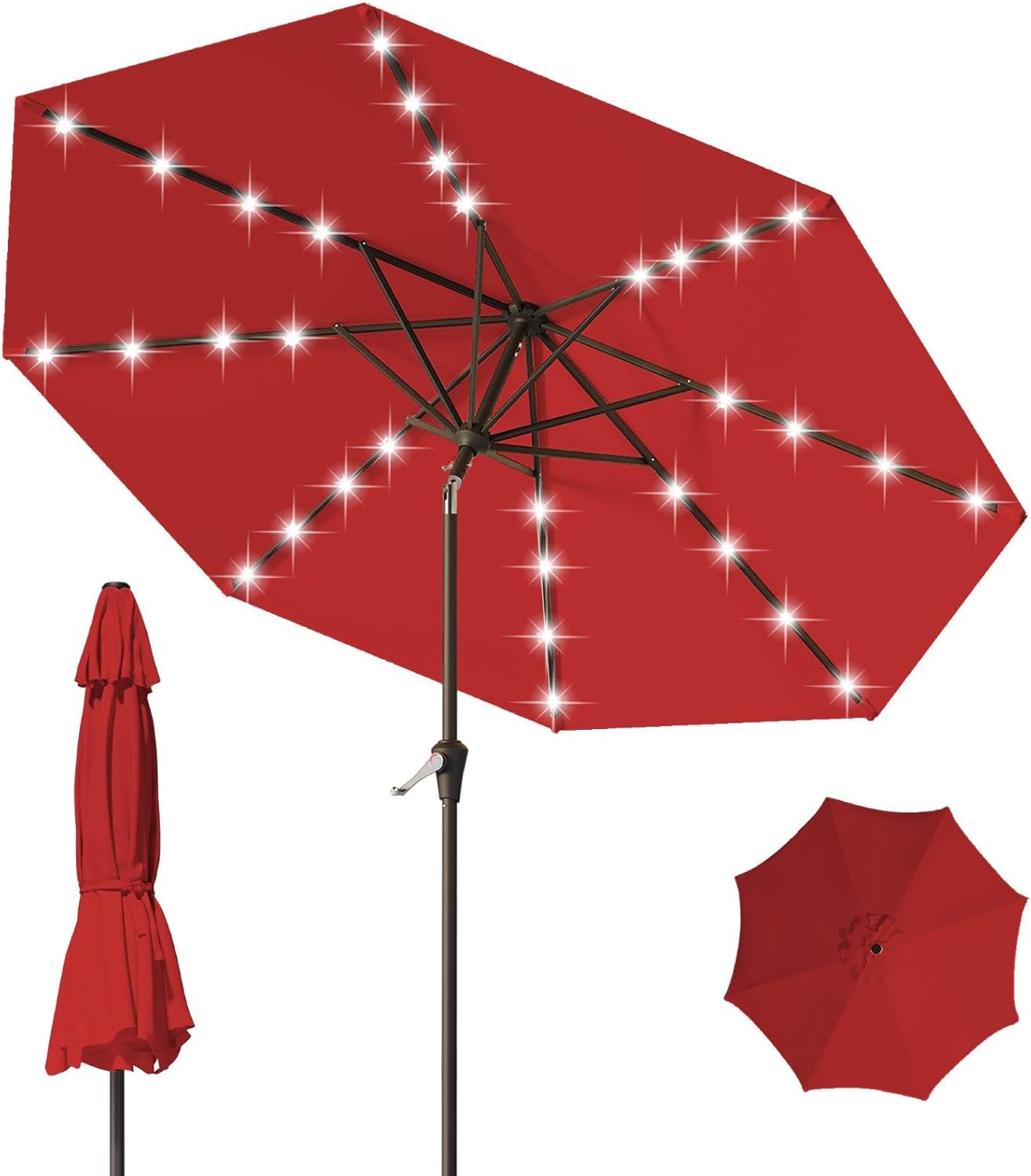 9ft patio umbrella with solar lights,outdoor market umbrella with tilt and crank, led lighted table umbrella for garden,deck,backyard,pool,beach(red) red 9ft