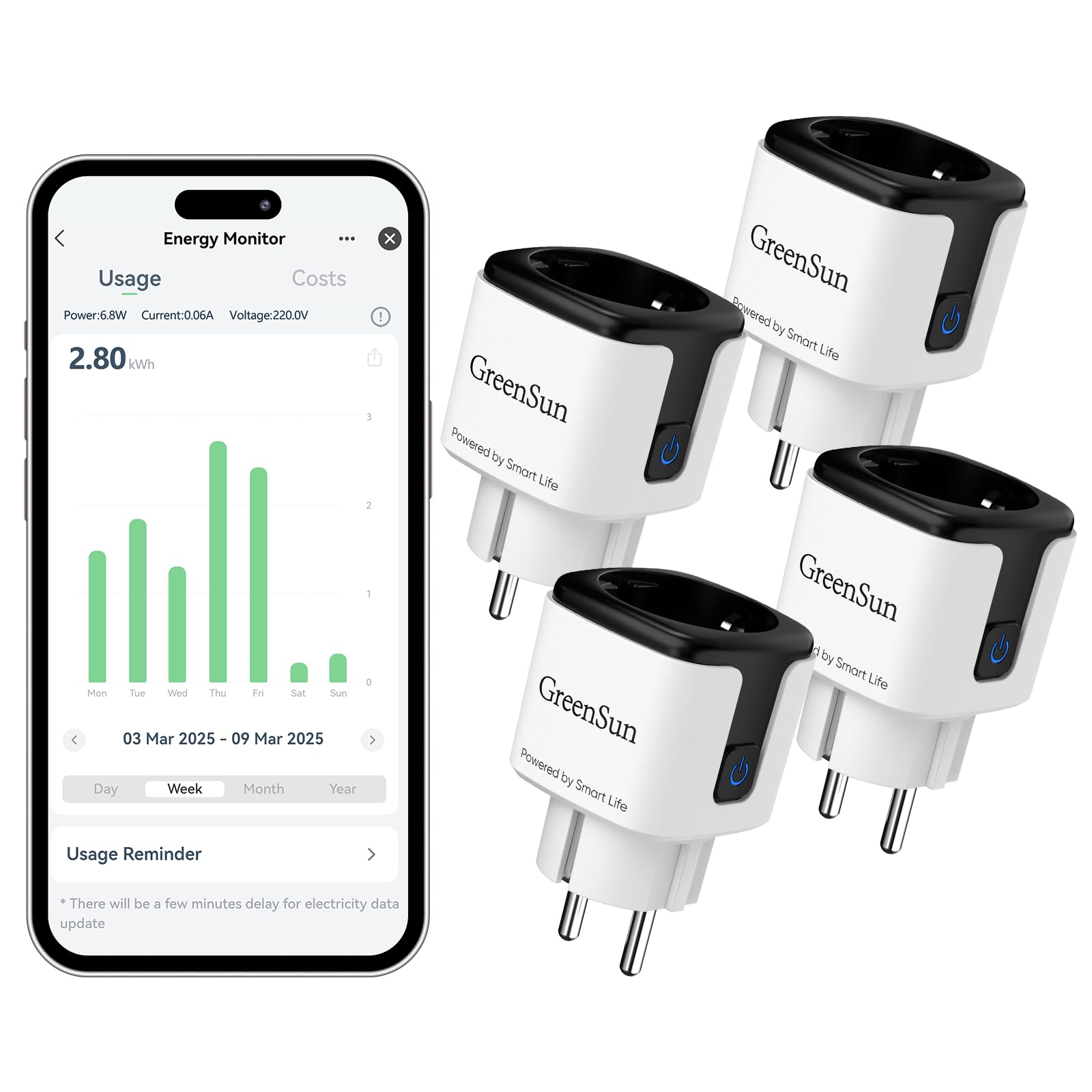 GreenSun Prise Connectée WiFi 16A 3680W, Compatible Alexa | Suivi consommation, minuterie, Smart Life, 2.4 GHz, 230V, 4 pièces, Noir/Blanc, sécurité CE RoHS