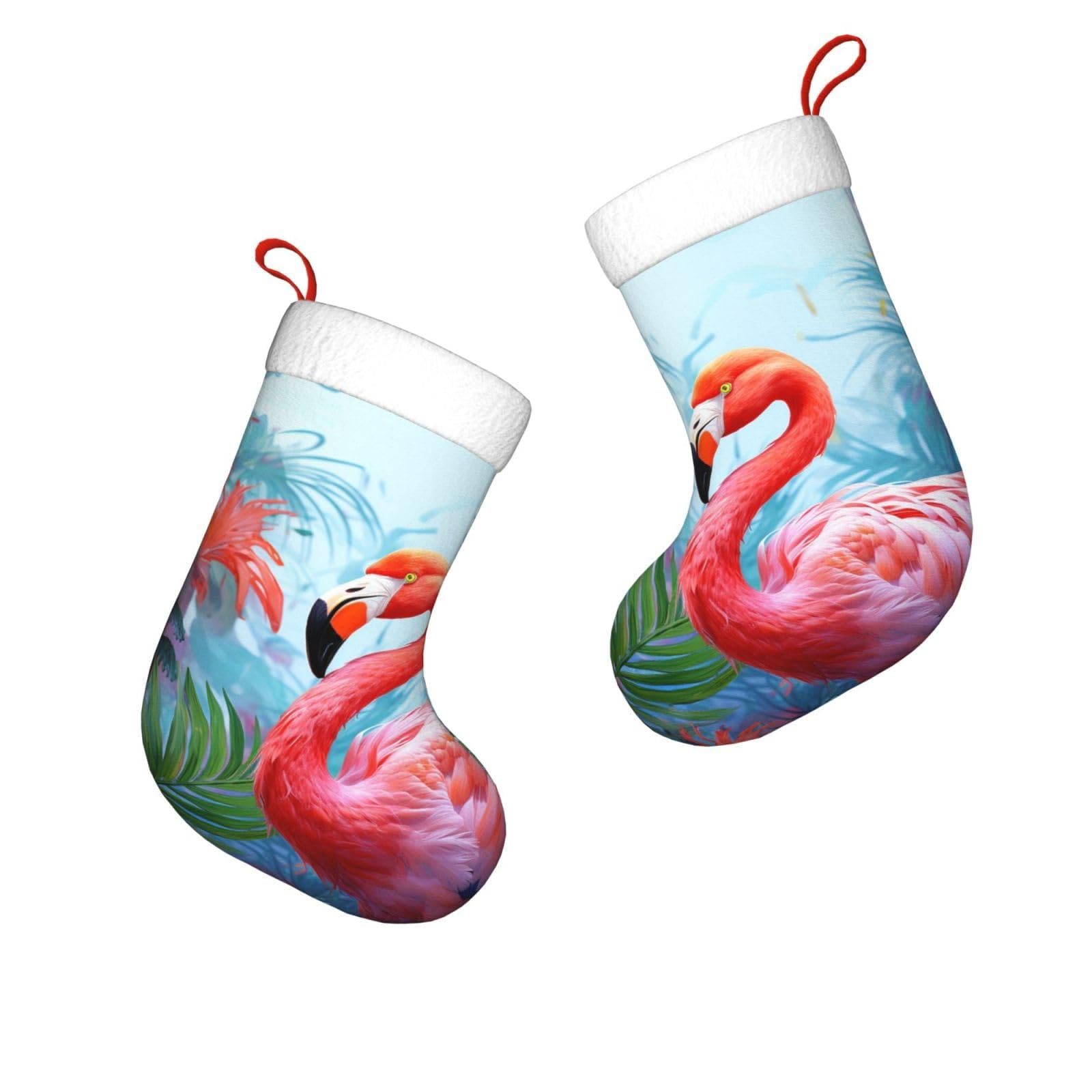 FodPand 17.7" Christmas Stocking 1 Piece, Painted Flamingo Xmas Stockings with White Plush Cuff Fireplace Hanging Stocking for Christmas Holiday Party Decoration