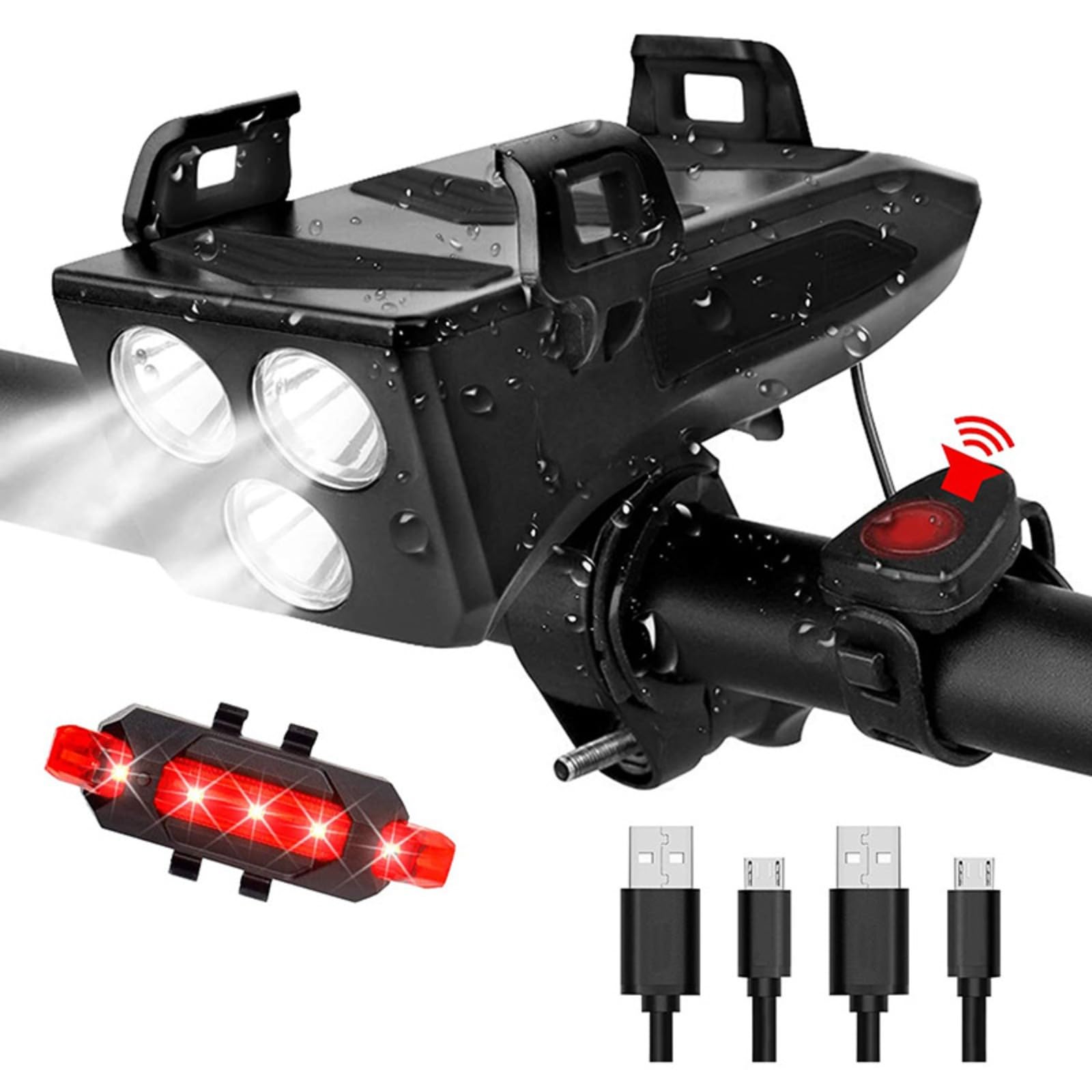 Set di luci per bici a LED con supporto per telefono ricaricabile, luce per bici da 4000 mAh con Power Bank con campanello e luce posteriore, torcia per bicicletta, escursionismo, campeggio, all mount