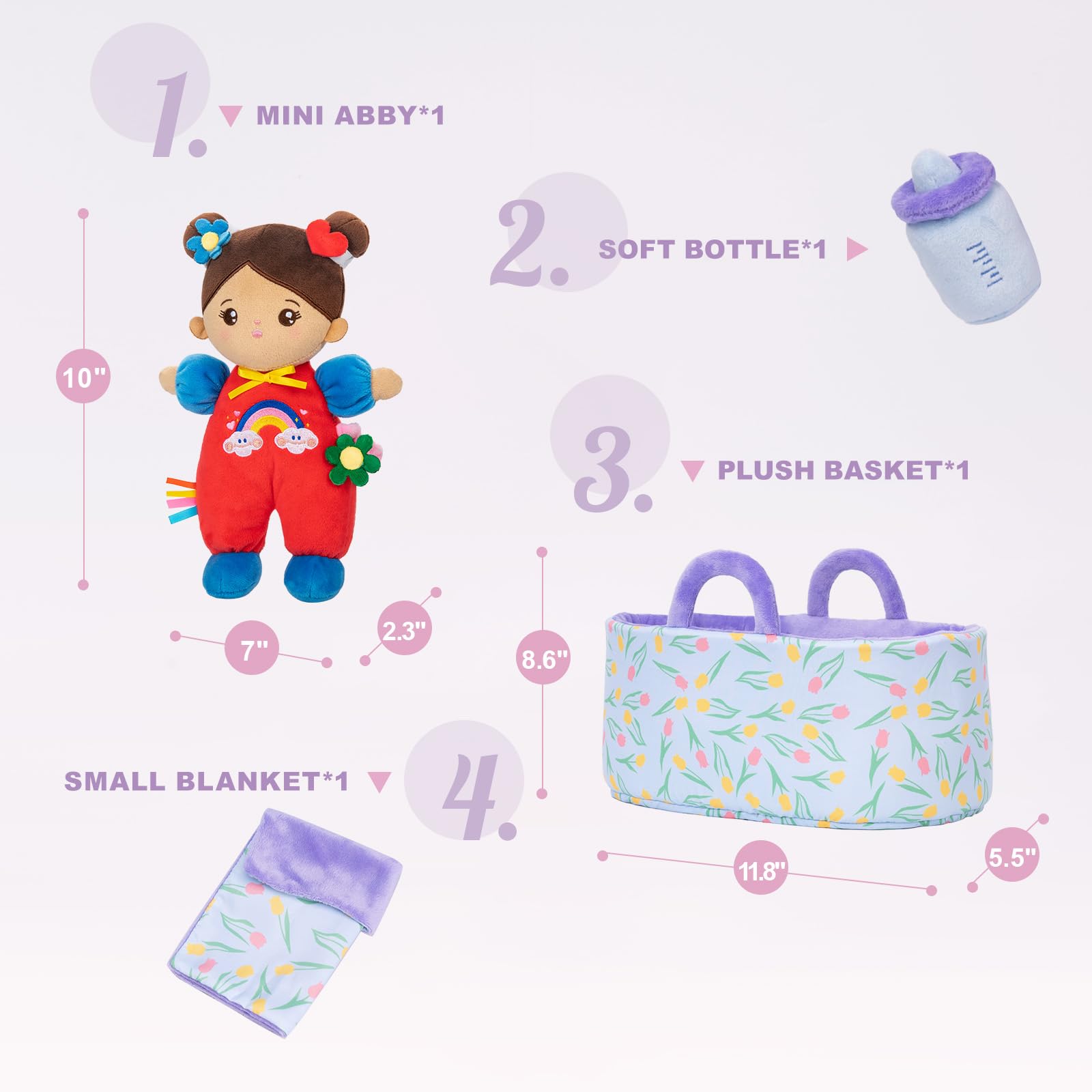 OUOZZZ Baby Soft Doll with Carrying Case and Doll Accessories Purple, 25cm Soft Doll Brown Skin, Cuddly Doll for Children from 3 Months - Baby Gift for Birth Girls Boys