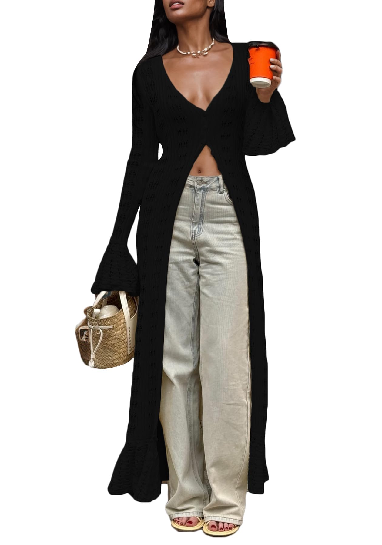 Unybwonn Long Cardigans for Women Crochet Hollow Out Knit Sweater Cover up Maxi Dress Long Sleeve Button Down Cardigan