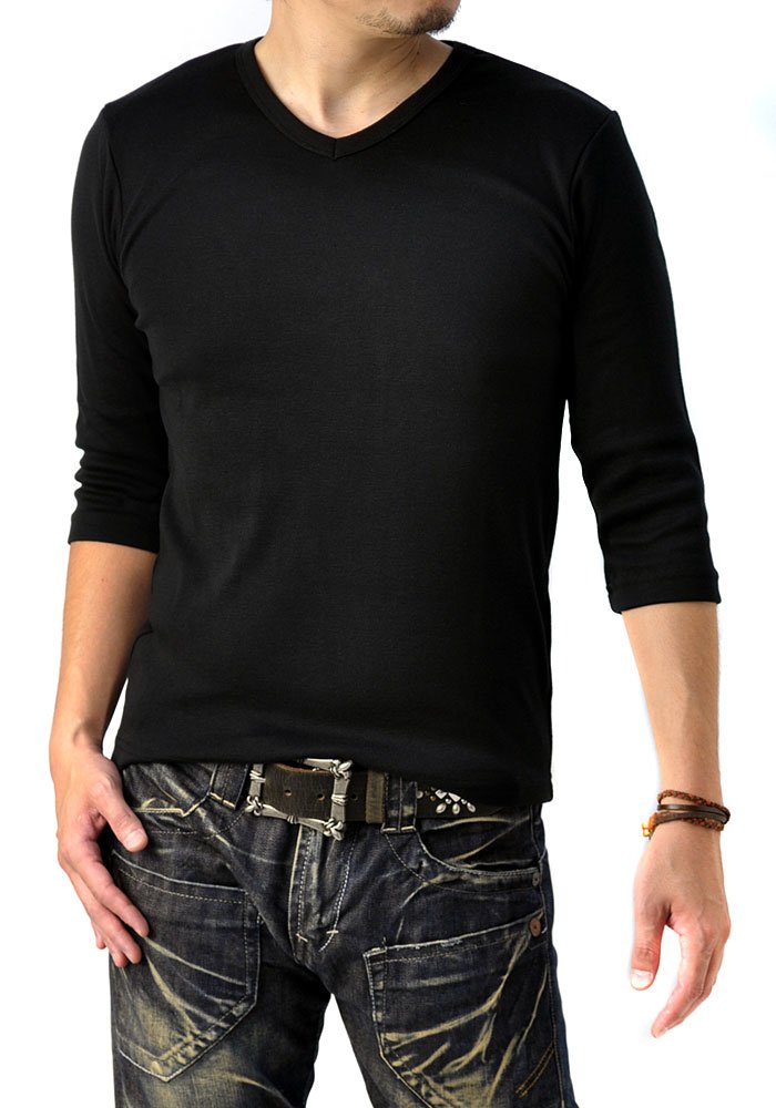 [FLAG ON CREW] Vネック 7分袖 Tシャツ メンズ カットソー ストレッチフライス 無地 tシャツ / E1C