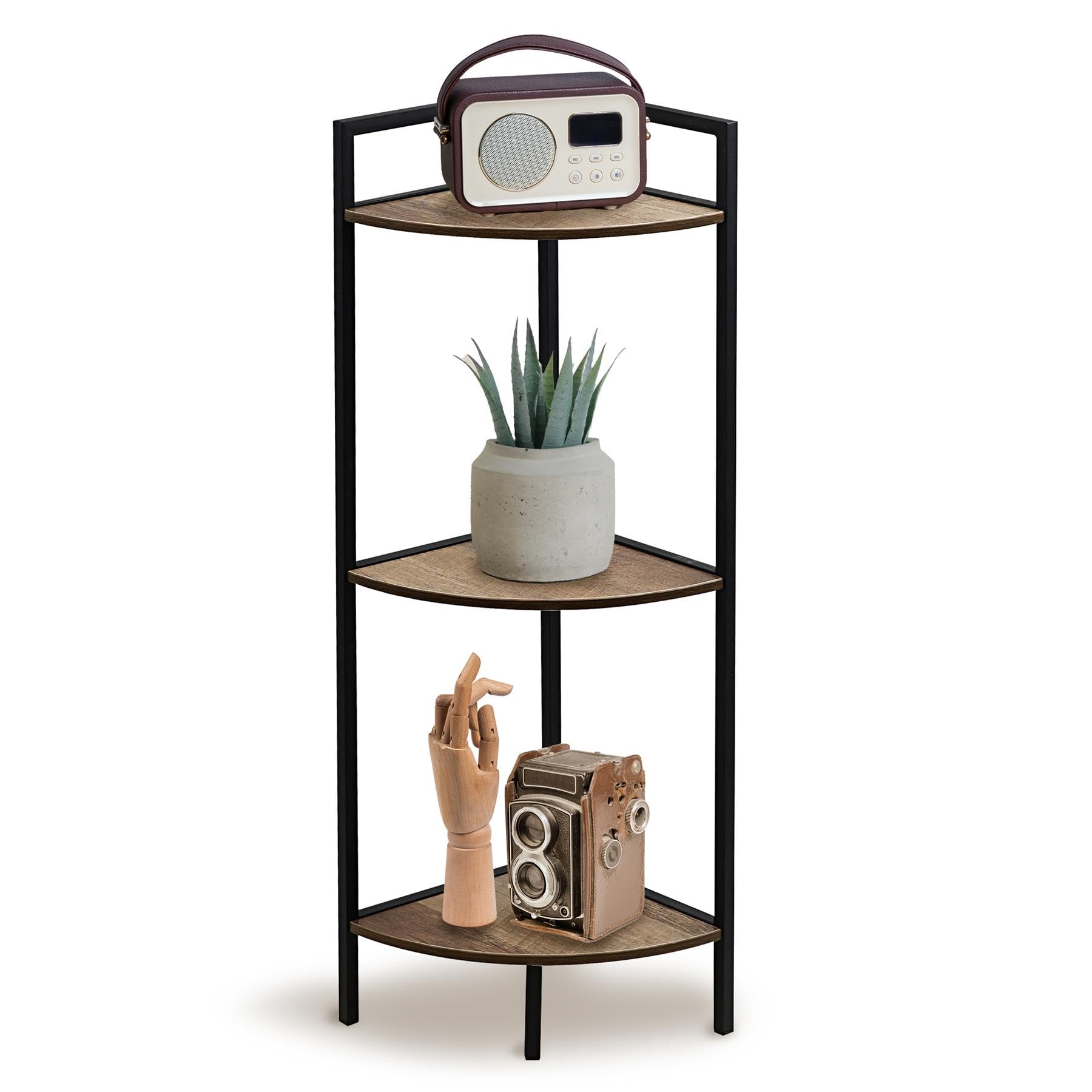 GEEZY 3 Tier Corner Shelf Unit - Brown Oak Finish with Black Metal Frame, Freestanding Storage, Display Stand - Wooden Corner Unit for Living Room, Bedroom, Bathroom, Office, Utility Spaces