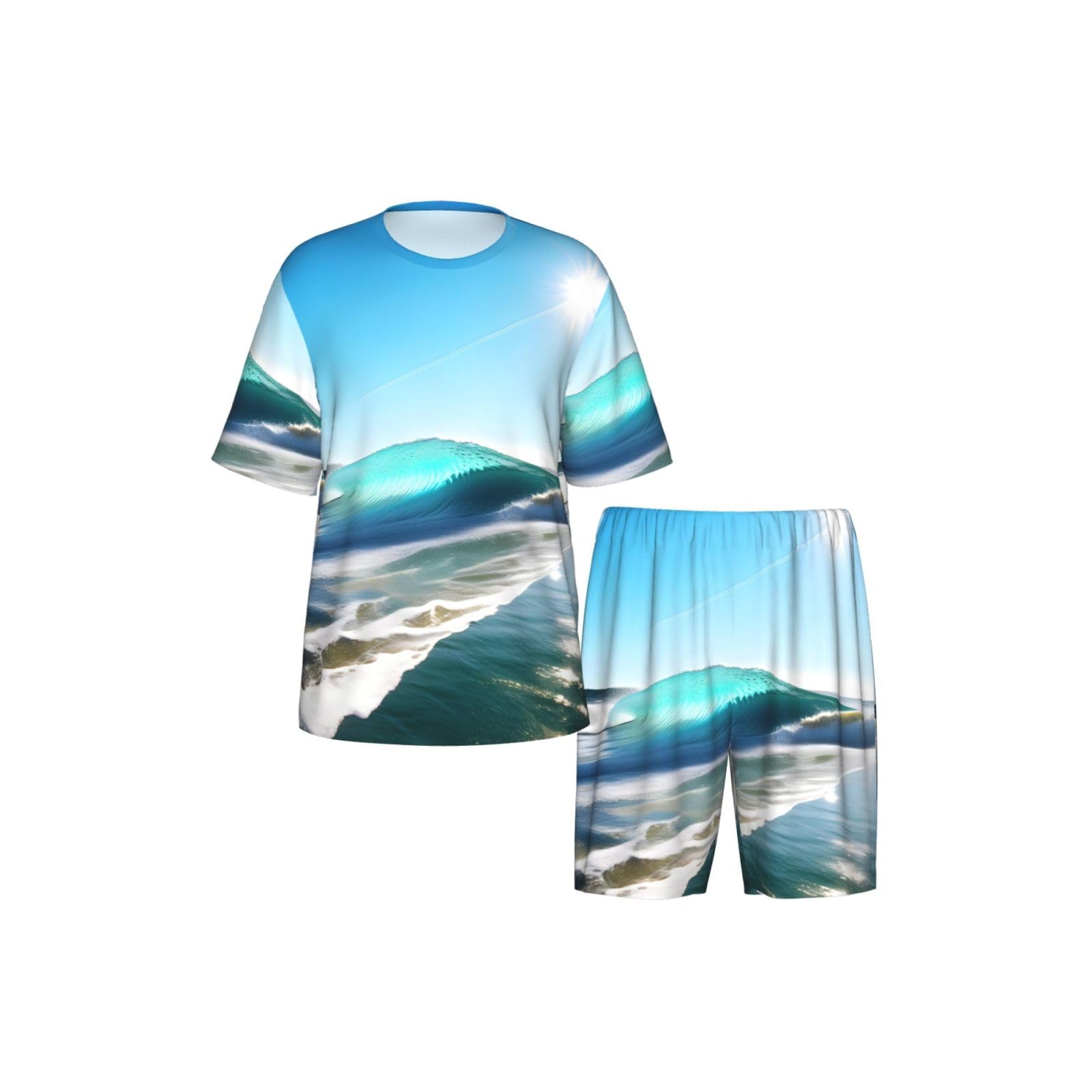 Conjunto de pijama clásico para hombre, estampado de olas de cielo claro, pantalones cortos de pijama suaves para hombre, perfecto para las noches de verano