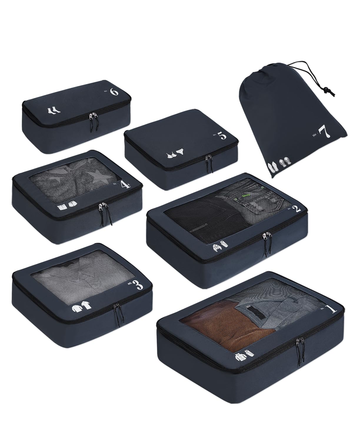 ECOHUB Koffer Organizer Packing Cubes 7-Teiliges Set Packwürfel Pet-Recycelte Packtaschen für Kofferorganizer Rucksack schuhbeutel Kleidertaschen Koffer(Dunkelblau), (ECO7001)