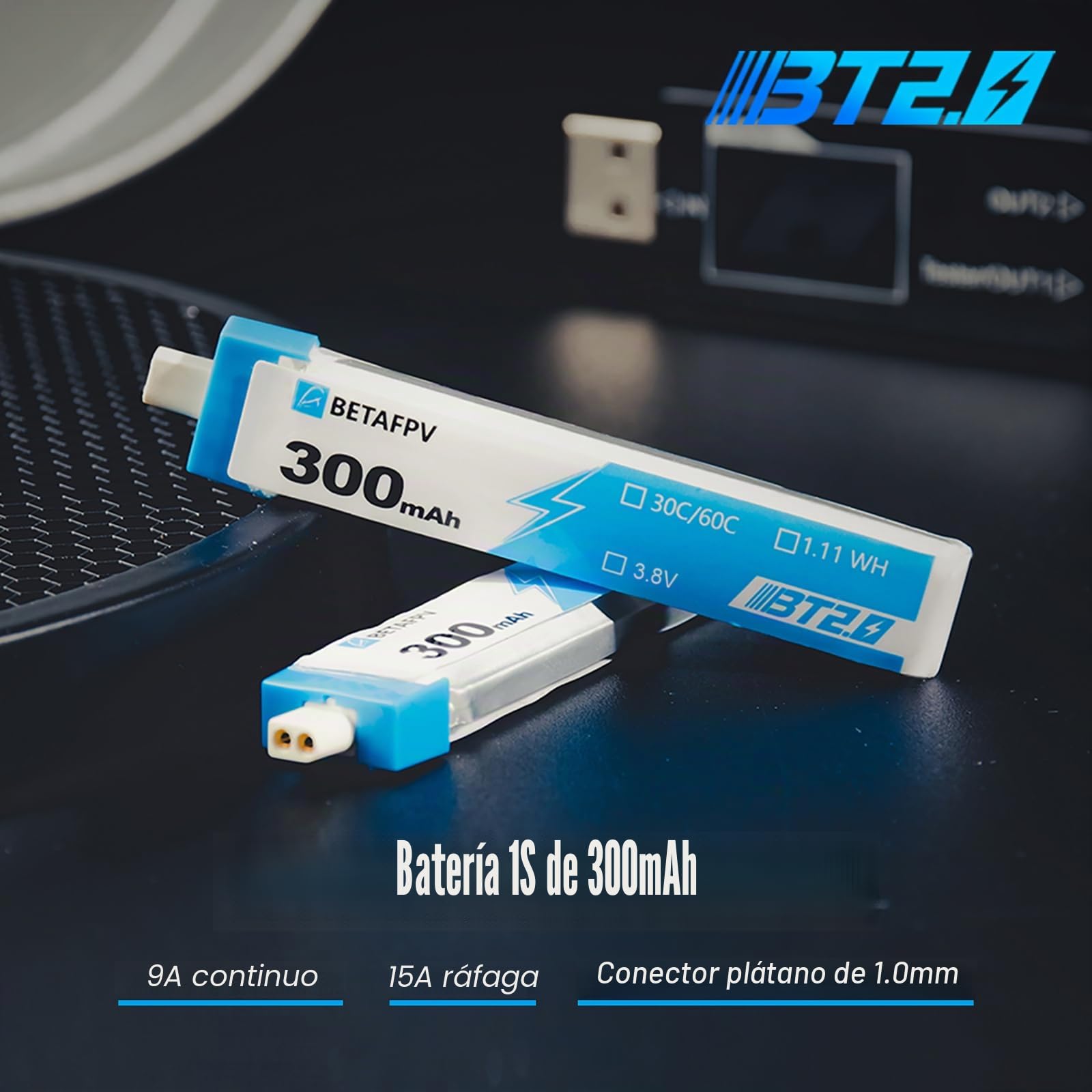 BETAFPV 8pcs BT2.0 300mAh 1S Lipo Battery 3.8V 30C/60C FPV Lipo with 1.0mm Banana Connector for FPV Drone Tiny Whoop 1S Brushless Racing Drone Like Cetus FPV Kit Meteor65 Micro Whoop Drone