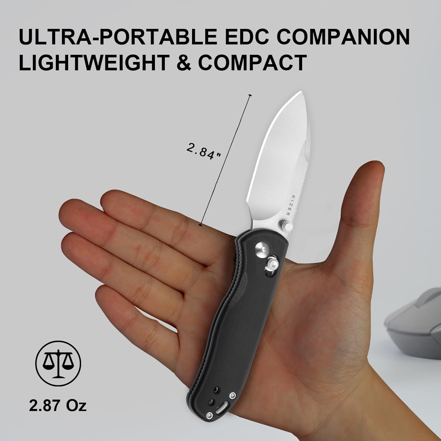 Kizer Drop Bear 2 Taschenmesser, 7,21 cm AEB-L Drop Point Klinge Klappmesser mit Schwarzem G10 Griff, Clutch Lock EDC Messer mit Riffelung auf dem Rücken für Männer und Frauen V3619.2KD1