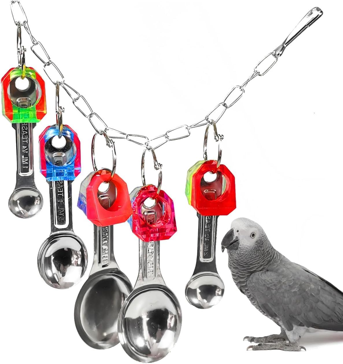Bird Chew Toys, Shiny Stainless Steel Spoon and Colorful Acrylic Rings Cage Toys, for Medium Large Macaws Parakeets Cockatoos Amazon Conures Budgie Lovebirds Finches African Grey Parrot