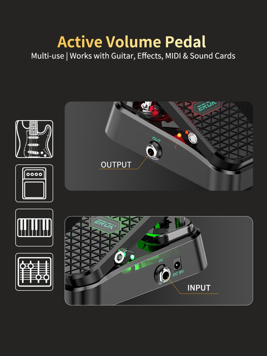 EROK MP-6 2-in-1 Wah & Volume Pedal for Electric Guitar, Custom RM-Type Shielded Inductor, Pure Analog Tone, Active Volume, 23° Stroke（Power Adapter Not Included）