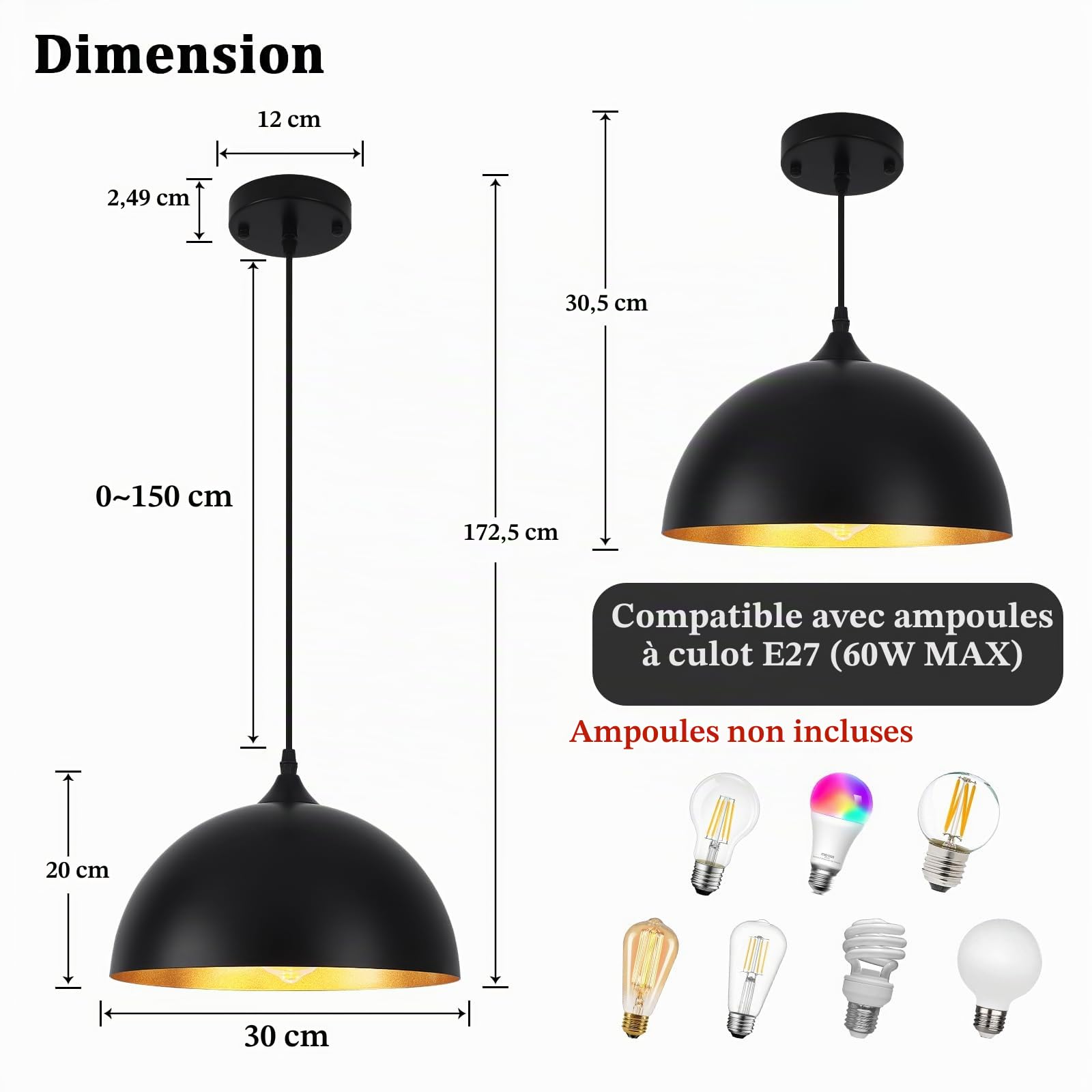 Lot de 3 Suspensions Industrielles, Suspensions Noires et Dorées | Luminaires Suspendus pour îlot de Cuisine pour Chambre à Coucher, Salon, Restaurant, Bar, E27