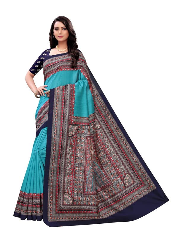 Satrani Women's Digital Print Poly Silk Saree With Unstitched Blouse Piece(1536S107N_Torquise)