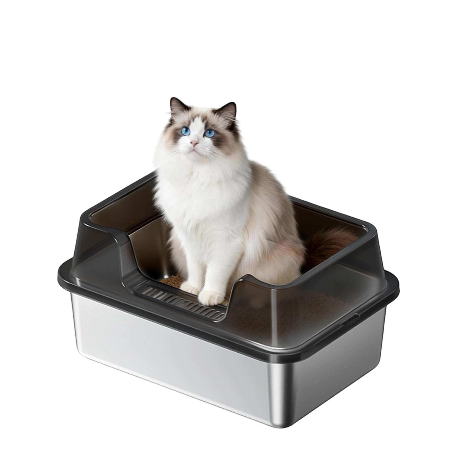 Stainless Steel Cat Litter Tray, XL Cat Litter Box with High Sides Anti Leakage, Easy to Clean and Odour-Resistant, Metal Litter Box with Litter Scoop for All Cats, Leak-Proof, Anti-Slip, 50×35×27 cm