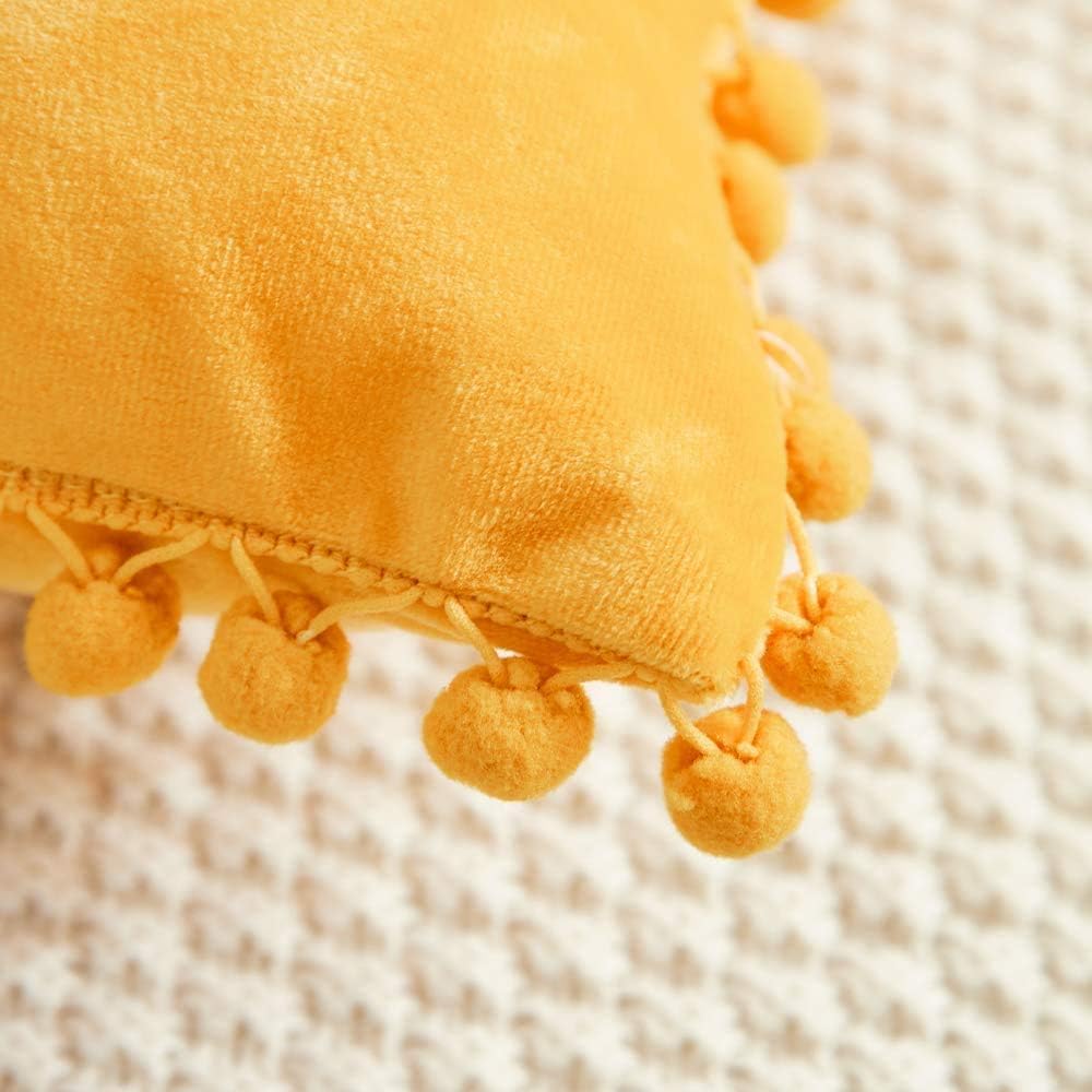 BeBen Decorative Throw Pillow Covers with Pom Poms, Pack of 2 Soft Particles Velvet Pillow Cases Square Cushion Covers for Couch Bedroom Car Sofa Outdoors 18x18 Mustard Yellow
