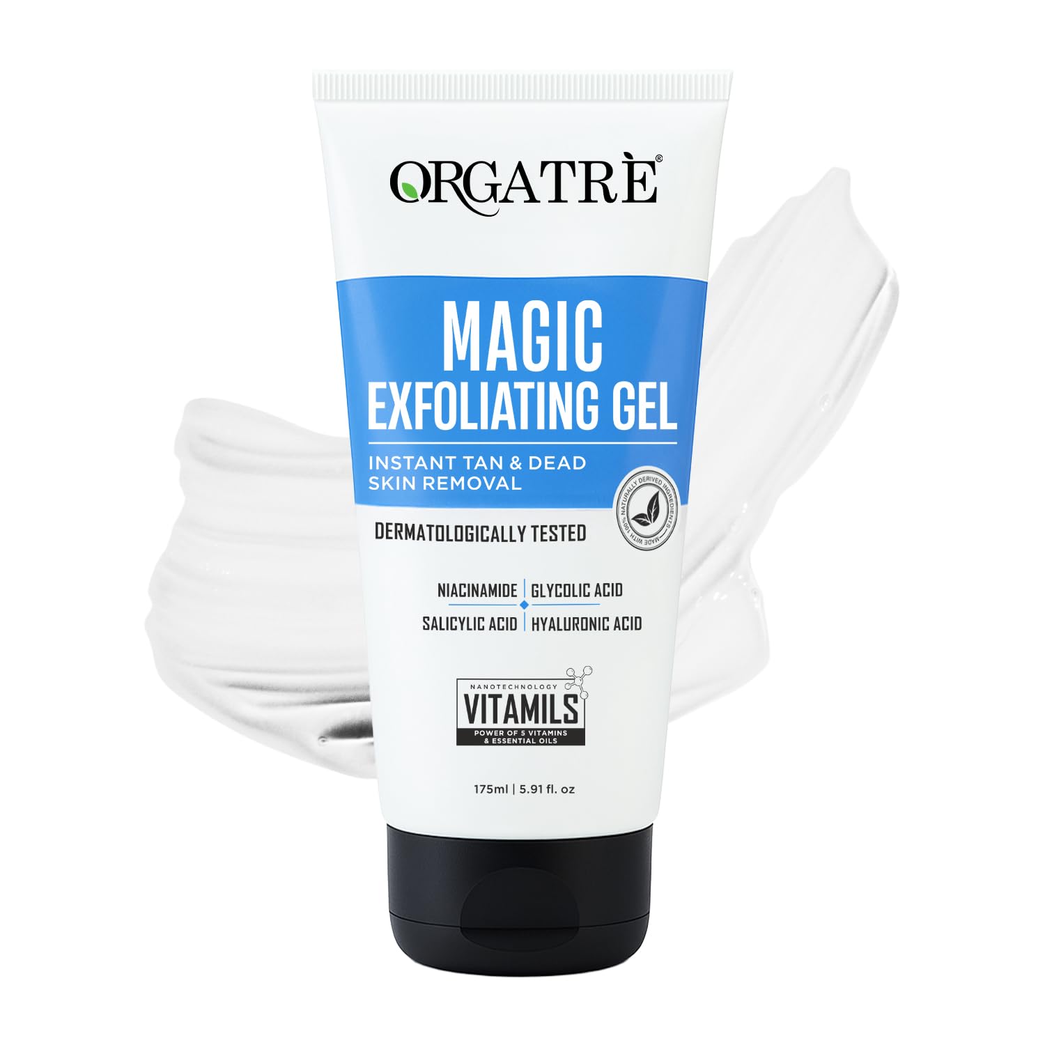 - ORGATRE Magic Exfoliating Scrub Gel for Face & Body | Tan Removal & Dead Skin Exfoliator with Glycolic Acid, Niacinamide & Hyaluronic Acid | 175ml De-Tan Gel for Glowing Skin | Dermat Tested
