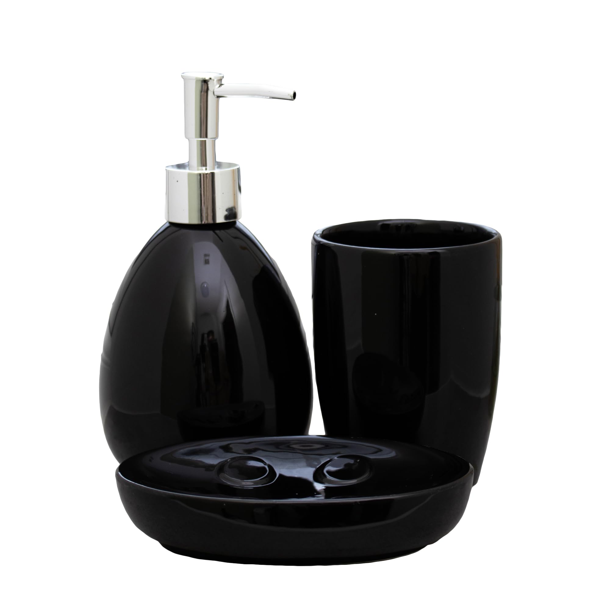 Darthome Black Set Of 3 Glossy Ceramic Bathroom Accessories Lotion Dispenser Soap Dish Tumbler (Black)