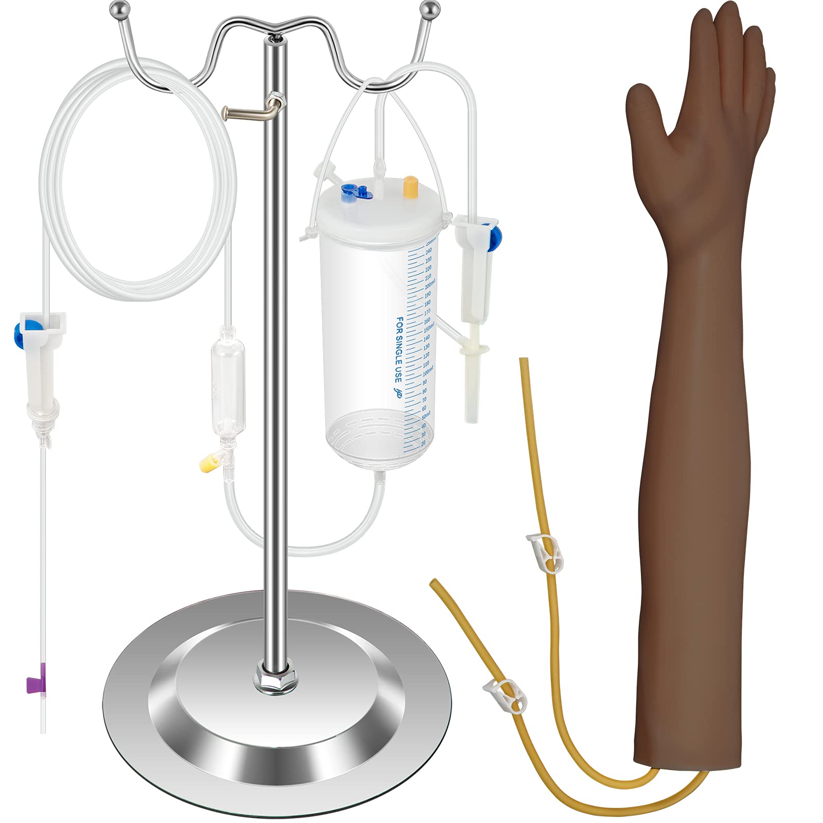 VEVOR IV Practice Kit Phlebotomy Practice Kit with Dark Skin, Venipuncture Practice Kit Skills Learning Model Arm Kit with Height Adjustable Infusion Stand for Students, Nurse