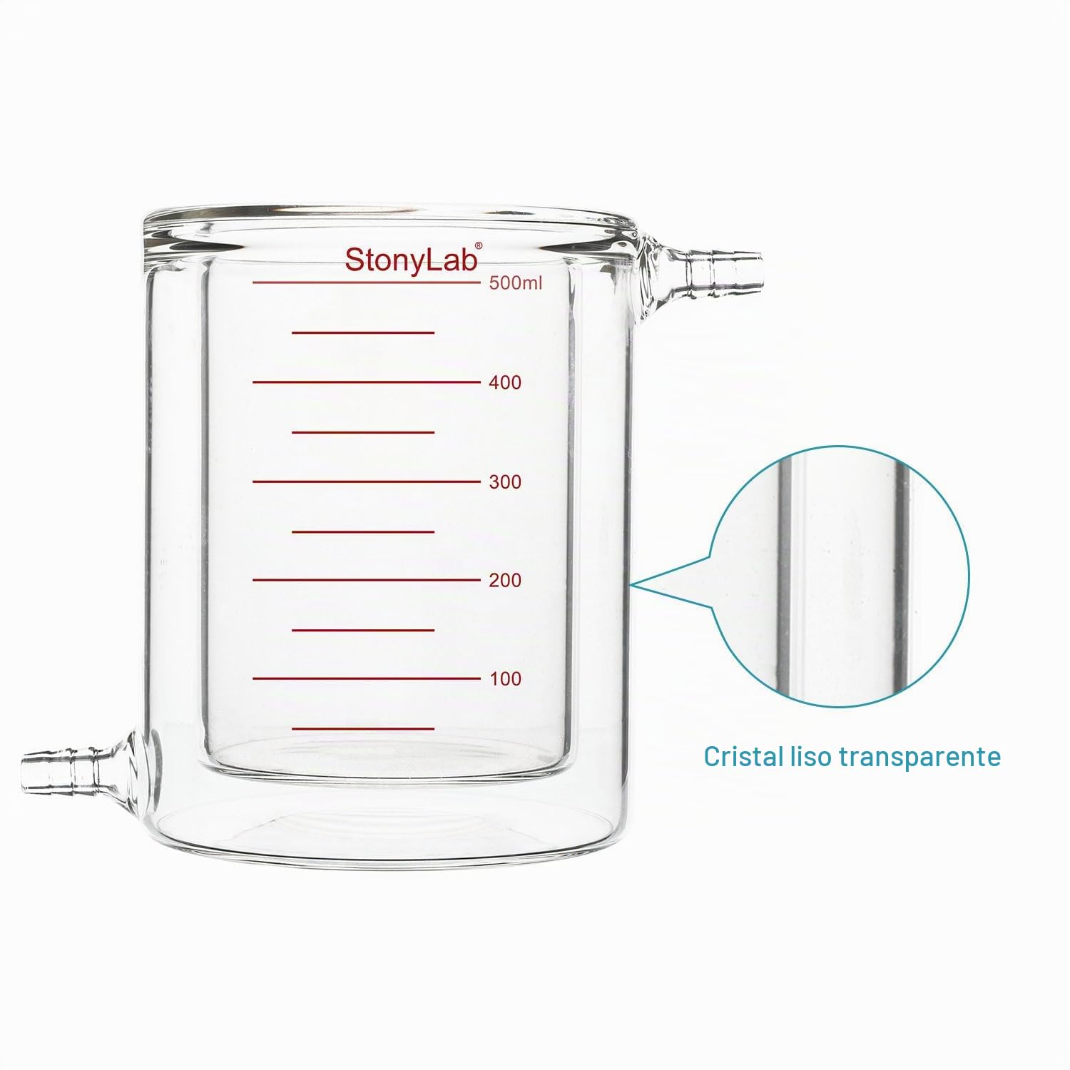 stonylab Vaso de Precipitados con Camisa de Vidrio, 500 ml, Borosilicato Graduado, Fondo Plano, Doble Pared para Reacciones de Laboratorio