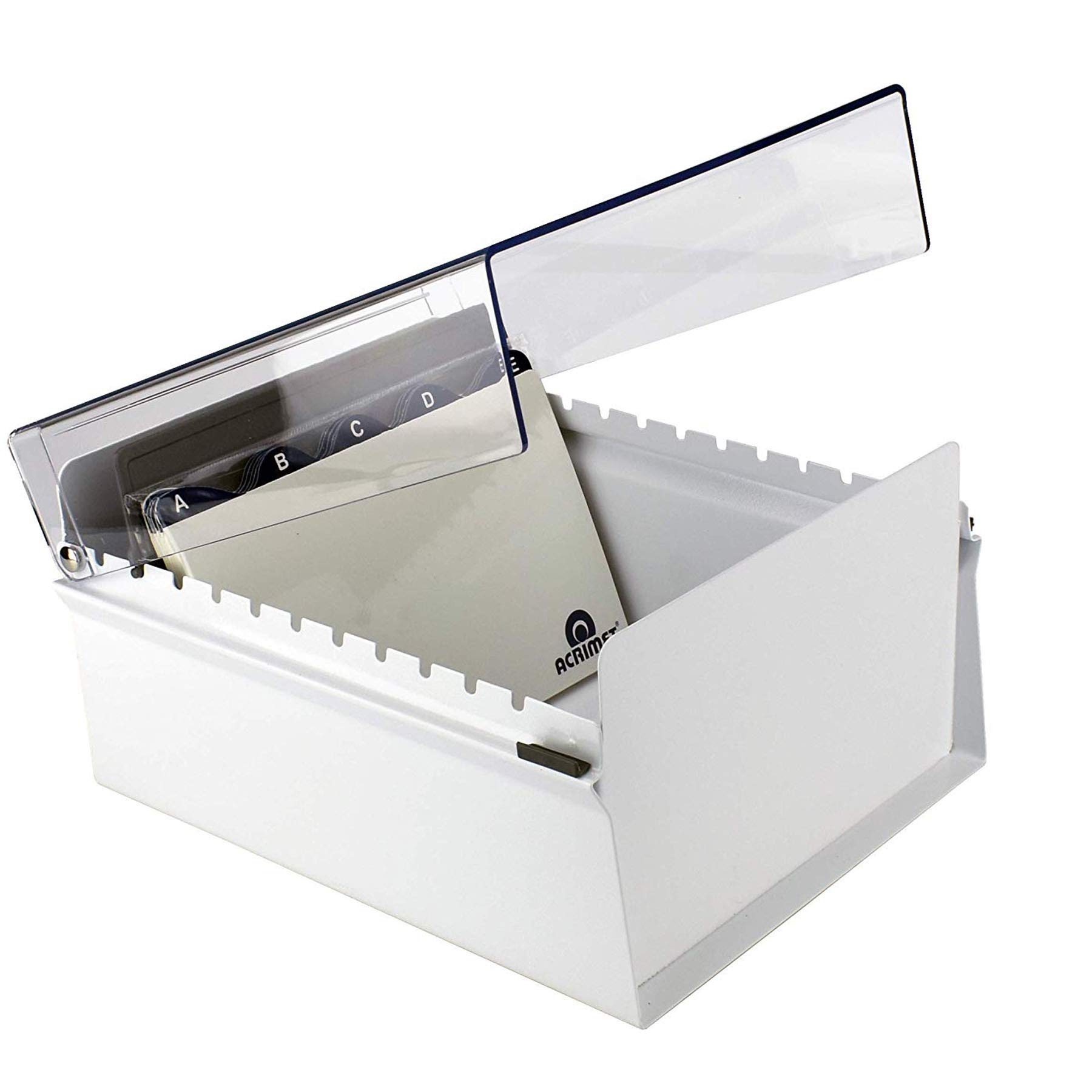 Acrimet Portacarte Organizzatore 5'' x 8’', Base in Metallo Resistente (Indice AZ e un Divisore di Plastica Include) (Base Bianco con Coperchio Trasparente in Plastica)