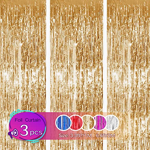 Gulaey Foil Fringe Curtain 3ft x 8.3ft, 3 Pack Golden Metallic Tinsel Curtain Birthday Decorations, Foil Curtain for Birthday Graduation Wedding Engagement Bridal Shower Bachelorette Holiday Party