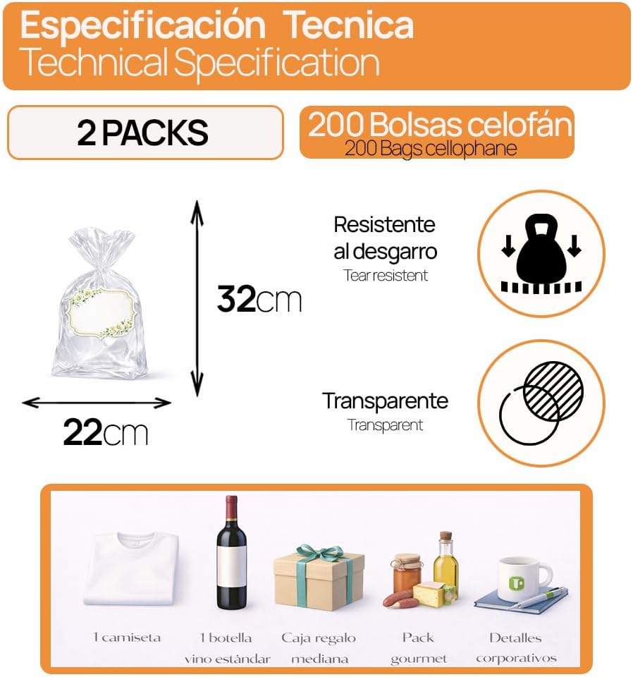 Ofituria Cellophane Bags Clear 22 x 32 cm Large Size for Boxes, Clothes & Books - Clear Bags for Gift Wrapping, Gift Bag Transparent for Presentation, 2 Packs (200 Bags)