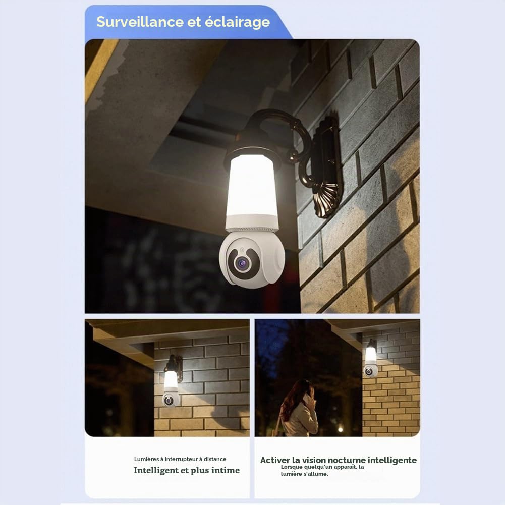 Caméra à Ampoule 3MP Ampoule et Caméra 360° 2 en 1 WiFi Caméra de Surveillance de Sécurité à Conversation Bidirectionnelle Aucun Câblage Requis pour L'Intérieur B