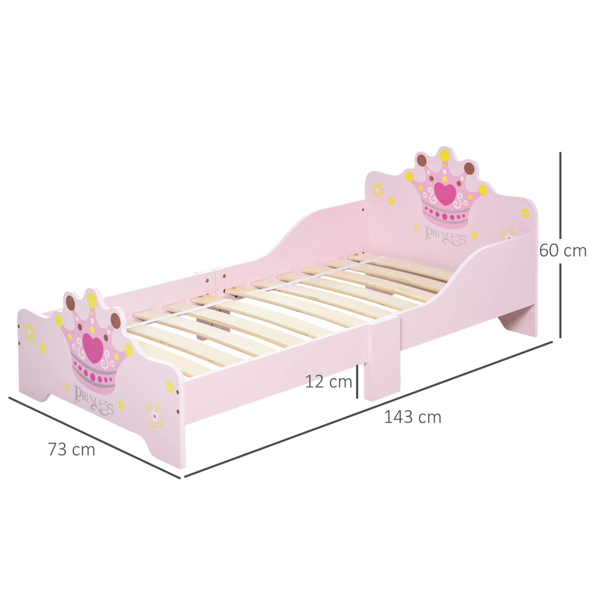 HOMCOM Kids Toddler Bed Princess Crown Theme Safety Side Rails Slats Home Bedroom Furniture Boys Girls 3-6 Years Pink 143 x 73 x 60 cm - Image 3