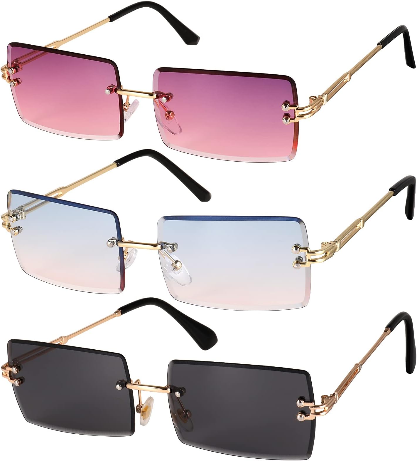 3 Pcs Square Rimless Sunglasses Fashion Frameless Glasses Eyewear Rectangle Transparent Glasses for Women Men (Random Color)