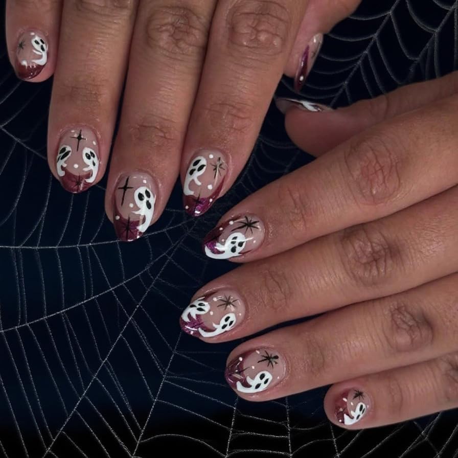 Halloween Press on Nails French Tip Almond Fake Nail with Ghost & Starburst Designs Cute Halloween Red Tip False Nail Medium Glue on Nails Artificial Acrylic Stick on Nails for Women 24Pcs